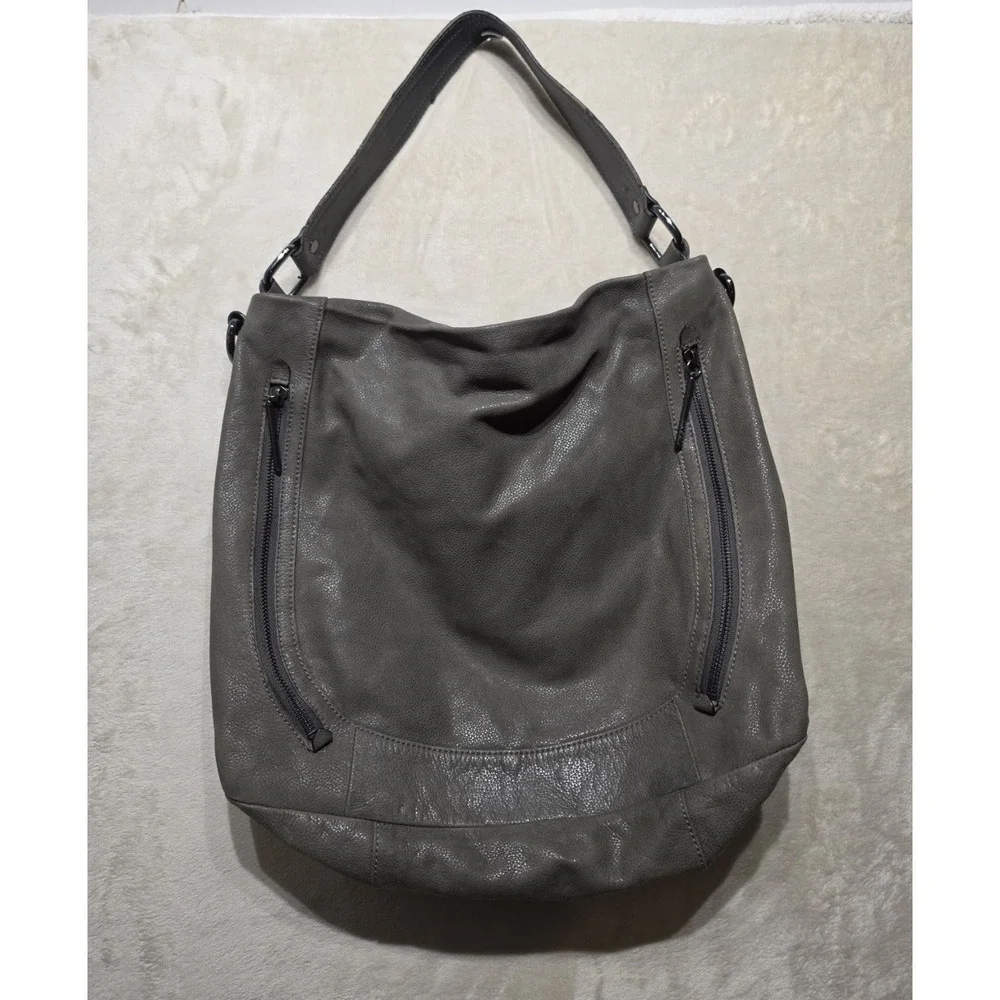 Elliott Lucca Gray Pebbled Leather Slouchy Hobo Shoulder Bag Crossbody‎ Large